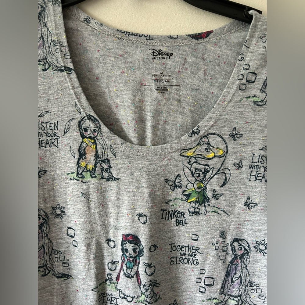 Disney Heather Gray Short Sleeve Tee with Princess & Tinker Bell Sketches